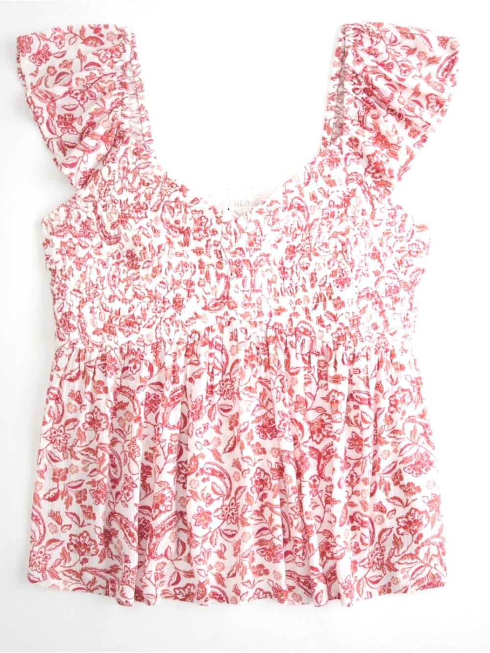 Hollister Red & White Floral Smocked Ruffle Top Size M